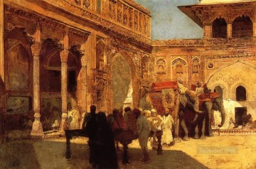 edwin lord weeks Elephants and Figures in a Courtyard Fort Agra Oil Paintings